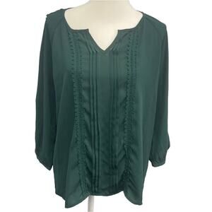41 Hawthorne Womens Large Green Sheer Long Sleeve Lace Shoulder Striped Top
